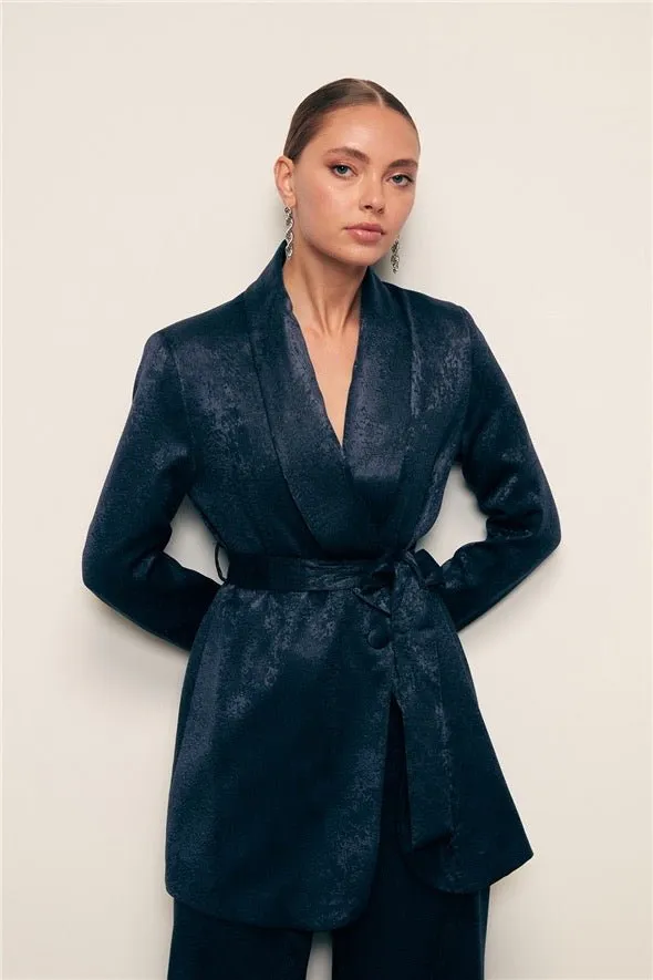 Jacquard Belted Long Jacket - Navy Blue