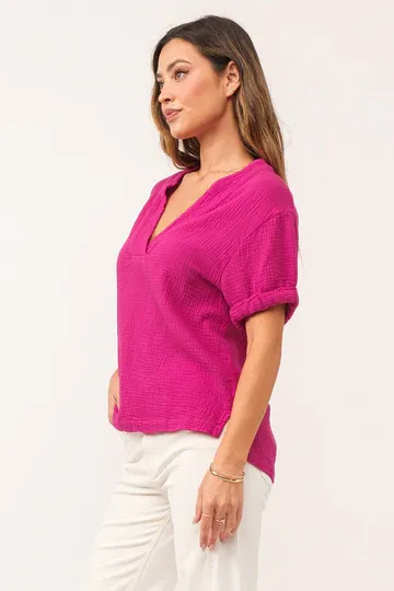 Jailee Rolled Sleeve Gauze Top