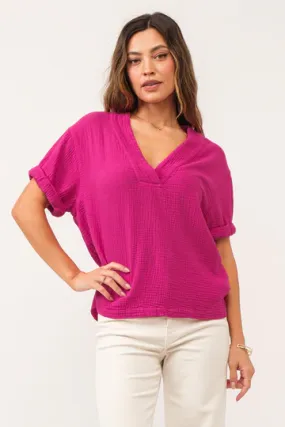 Jailee Rolled Sleeve Gauze Top