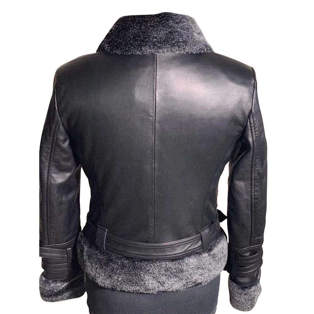 Janey Black Leather Jacket with fur collar and hem