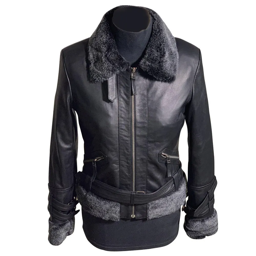 Janey Black Leather Jacket with fur collar and hem