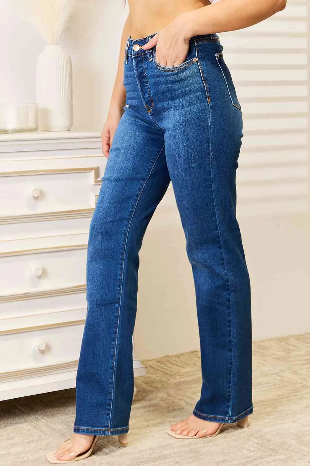 Judy Blue, High-Rise Hidden Button-Fly Straight Leg Dad Jeans