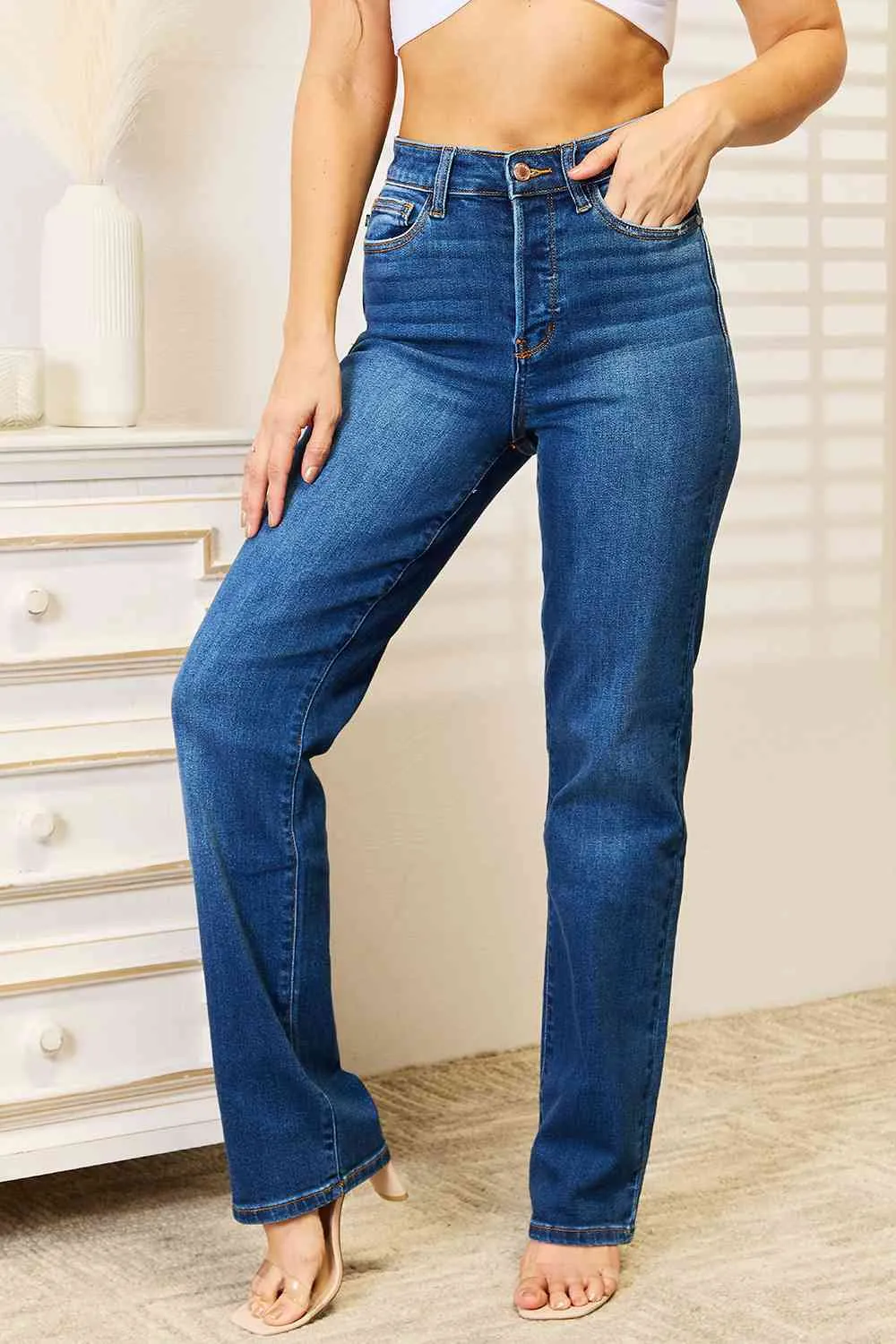 Judy Blue, High-Rise Hidden Button-Fly Straight Leg Dad Jeans