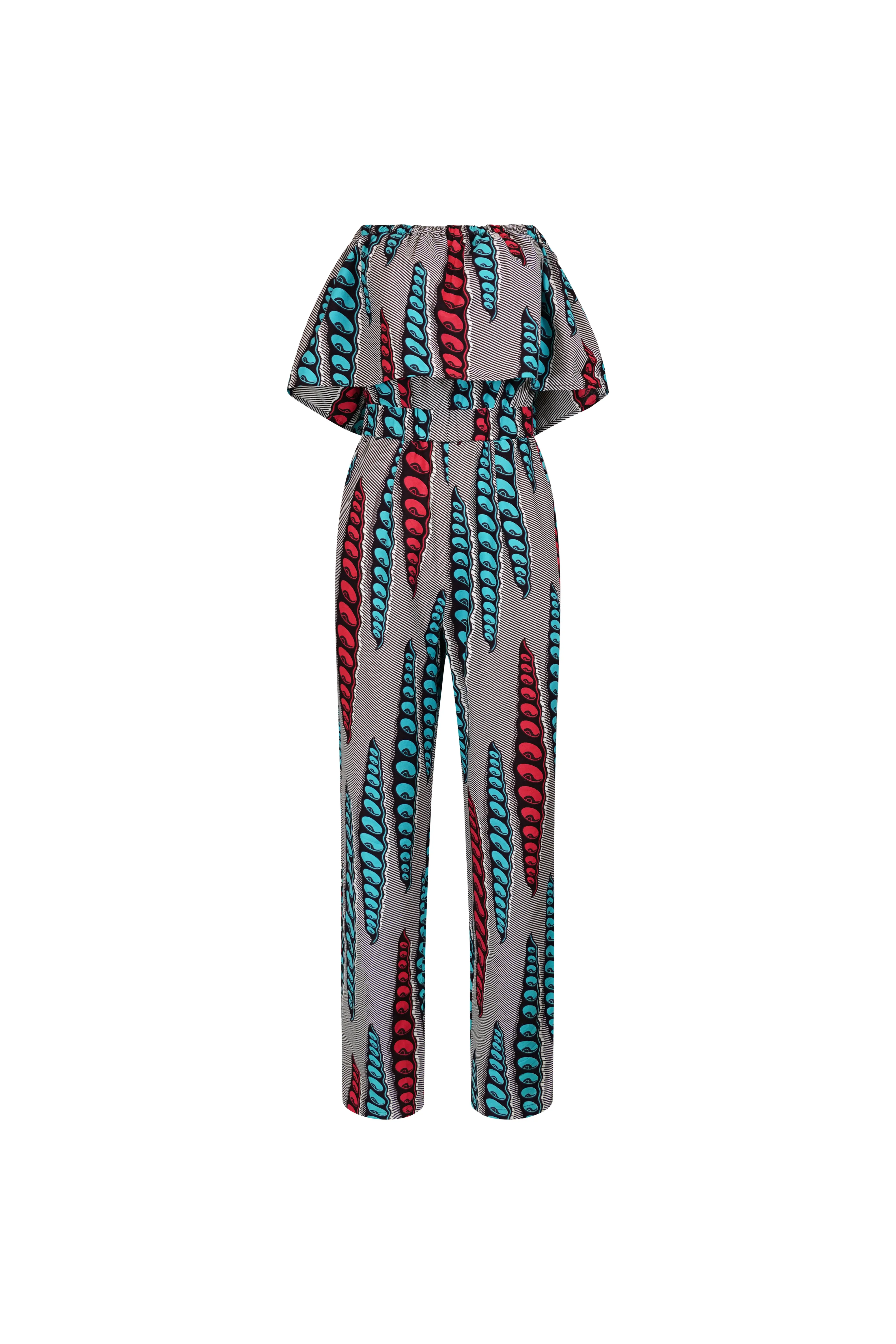 Kany Jumpsuit - Grey Blue and Pink African Ankara Wax Cotton Print