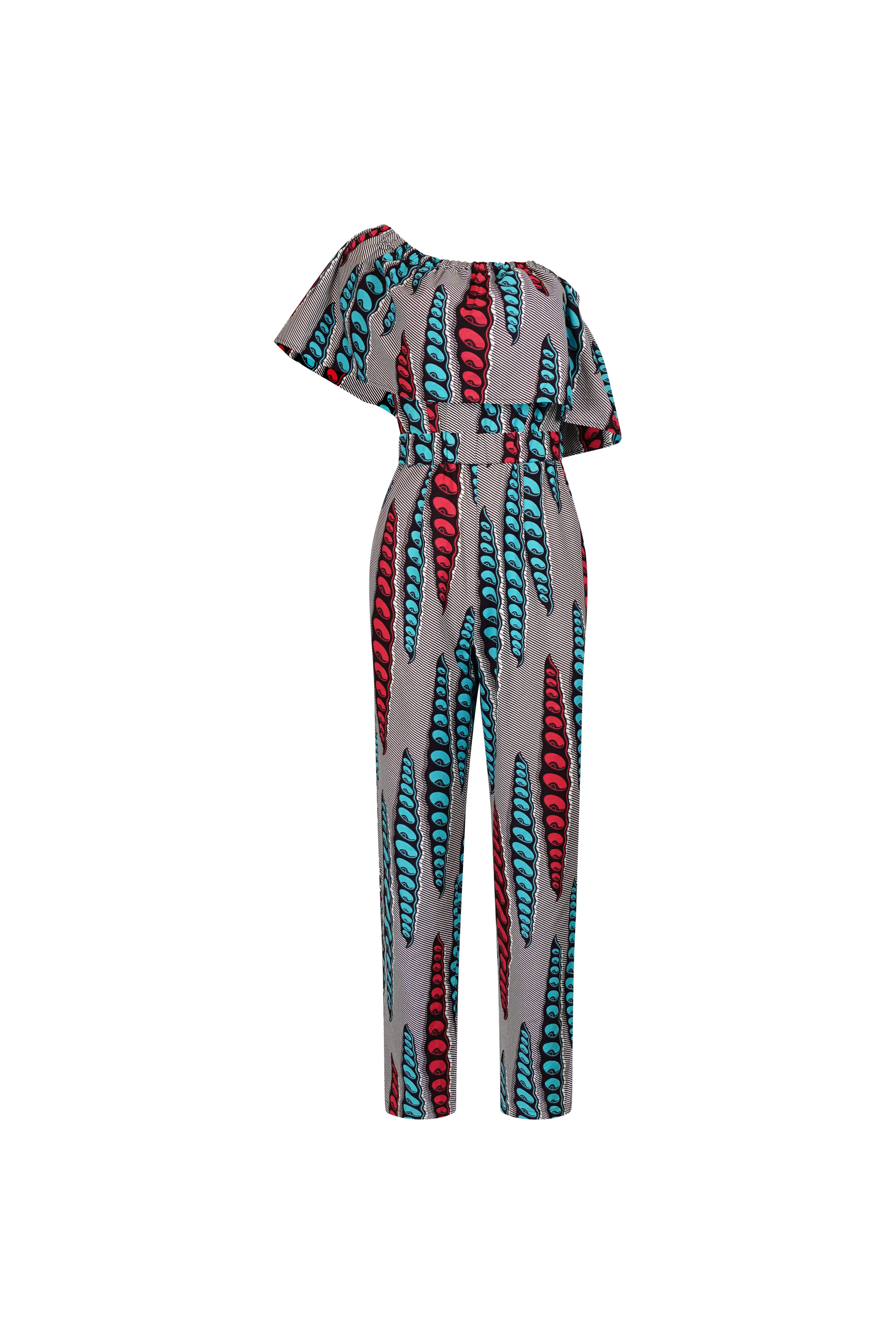 Kany Jumpsuit - Grey Blue and Pink African Ankara Wax Cotton Print