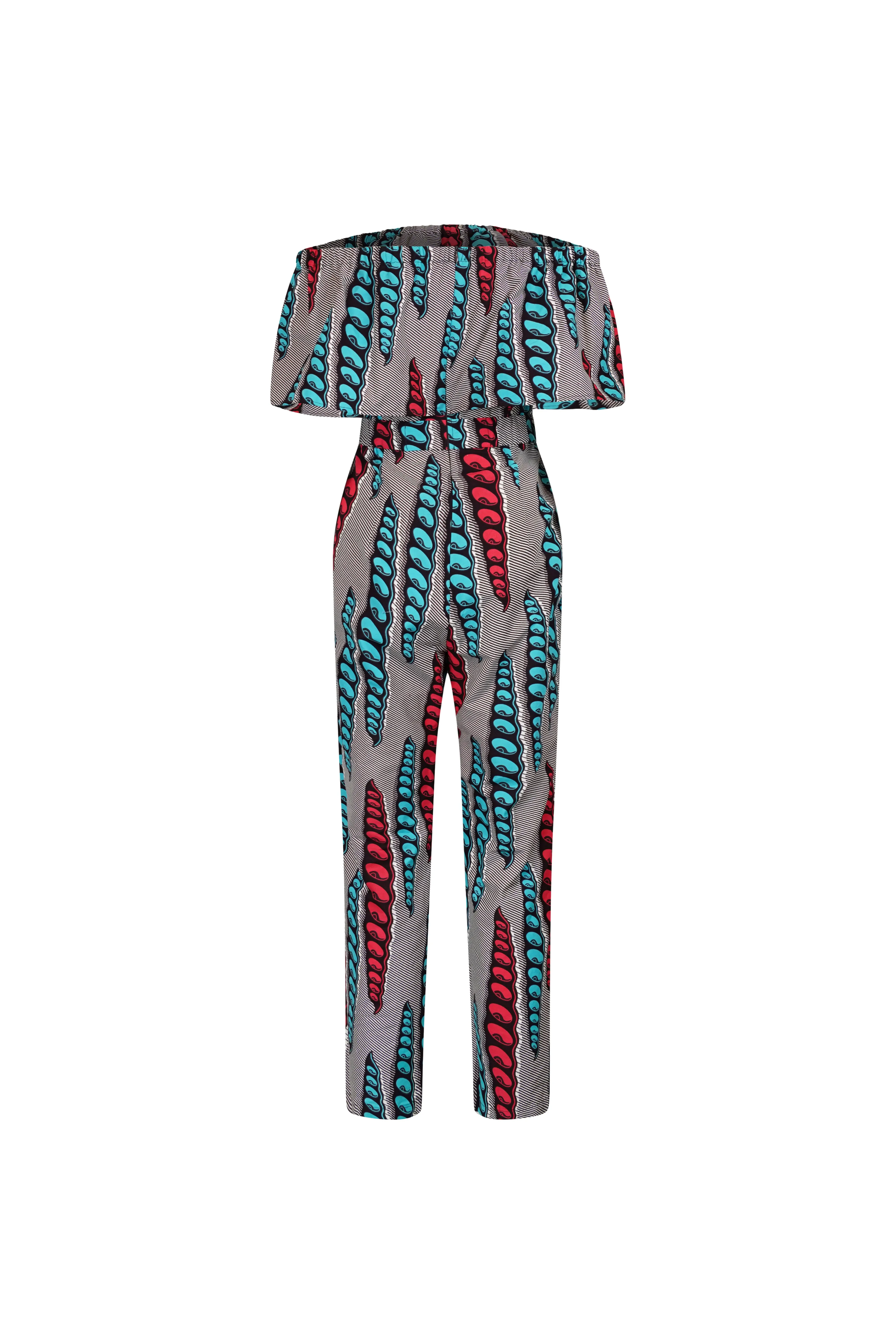 Kany Jumpsuit - Grey Blue and Pink African Ankara Wax Cotton Print