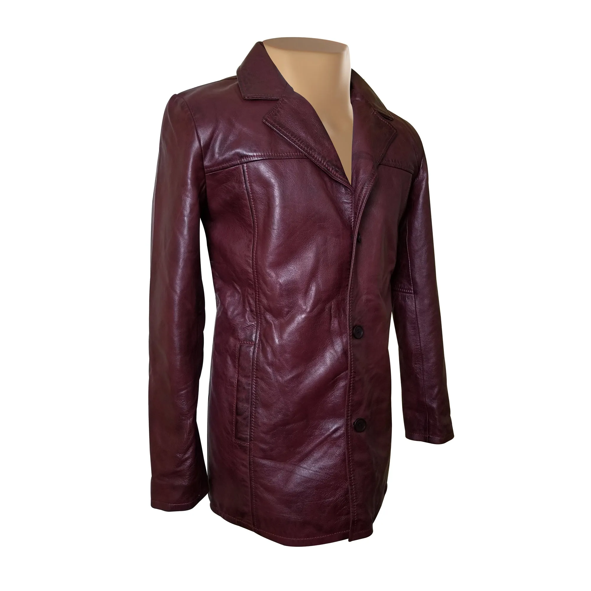 Krueger's maroon buttoned leather blazer