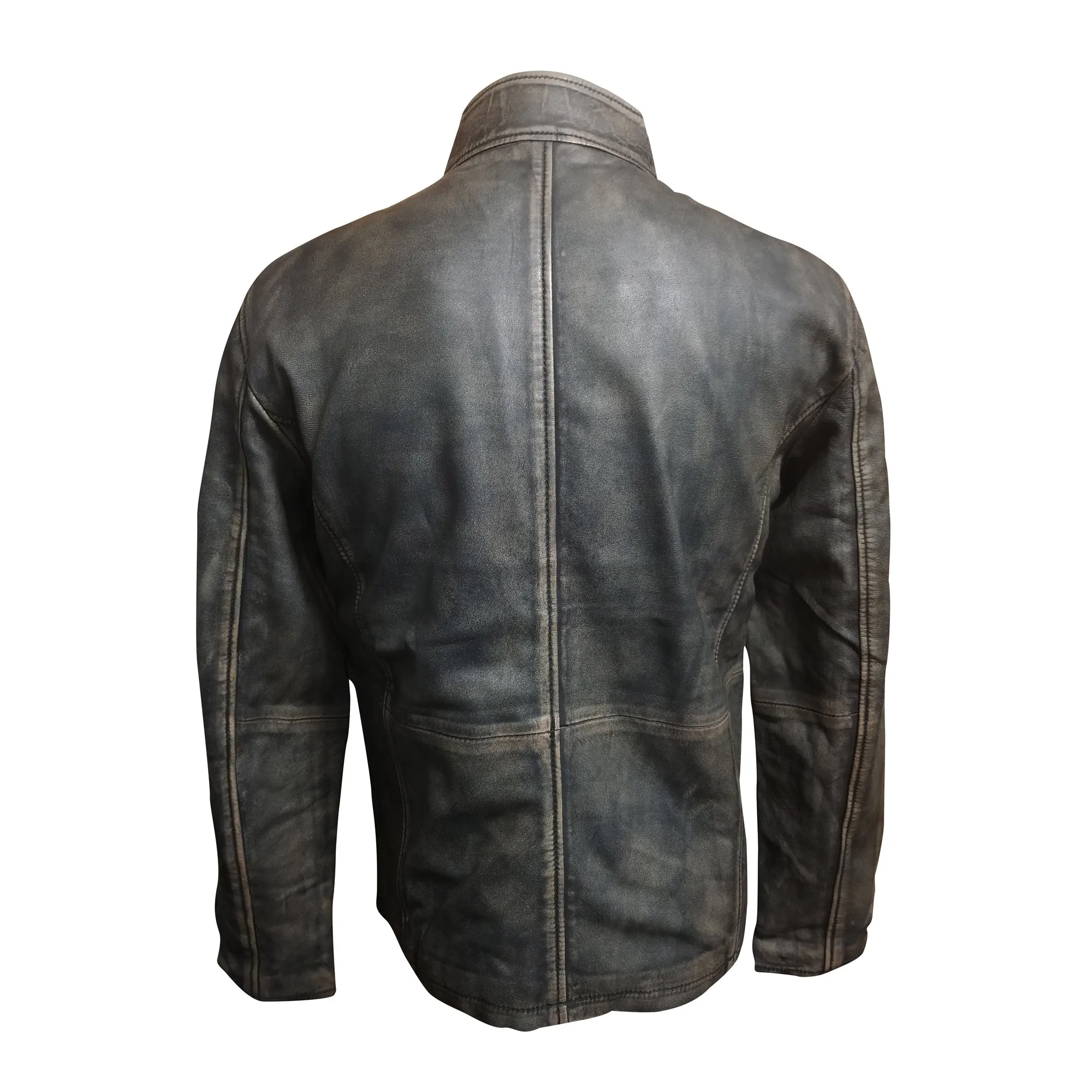 Kwame's vintage style leather jacket with straight collar