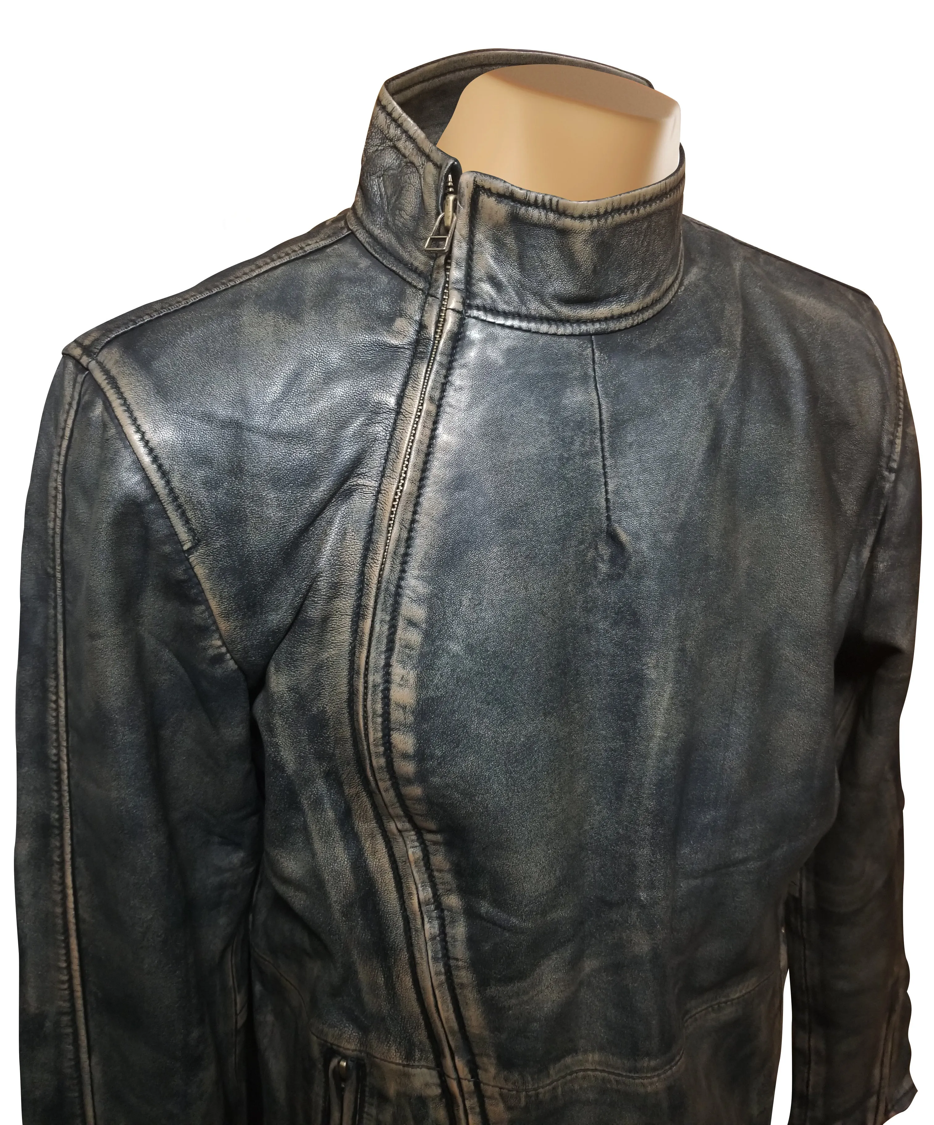 Kwame's vintage style leather jacket with straight collar