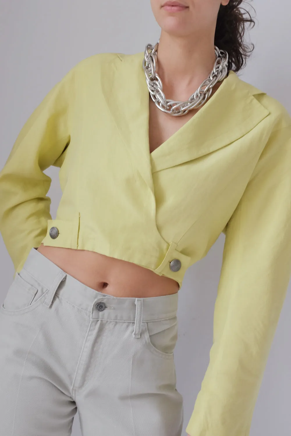 LAUREL VINTAGE 1980 YELLOW CROP LINEN BLAZER