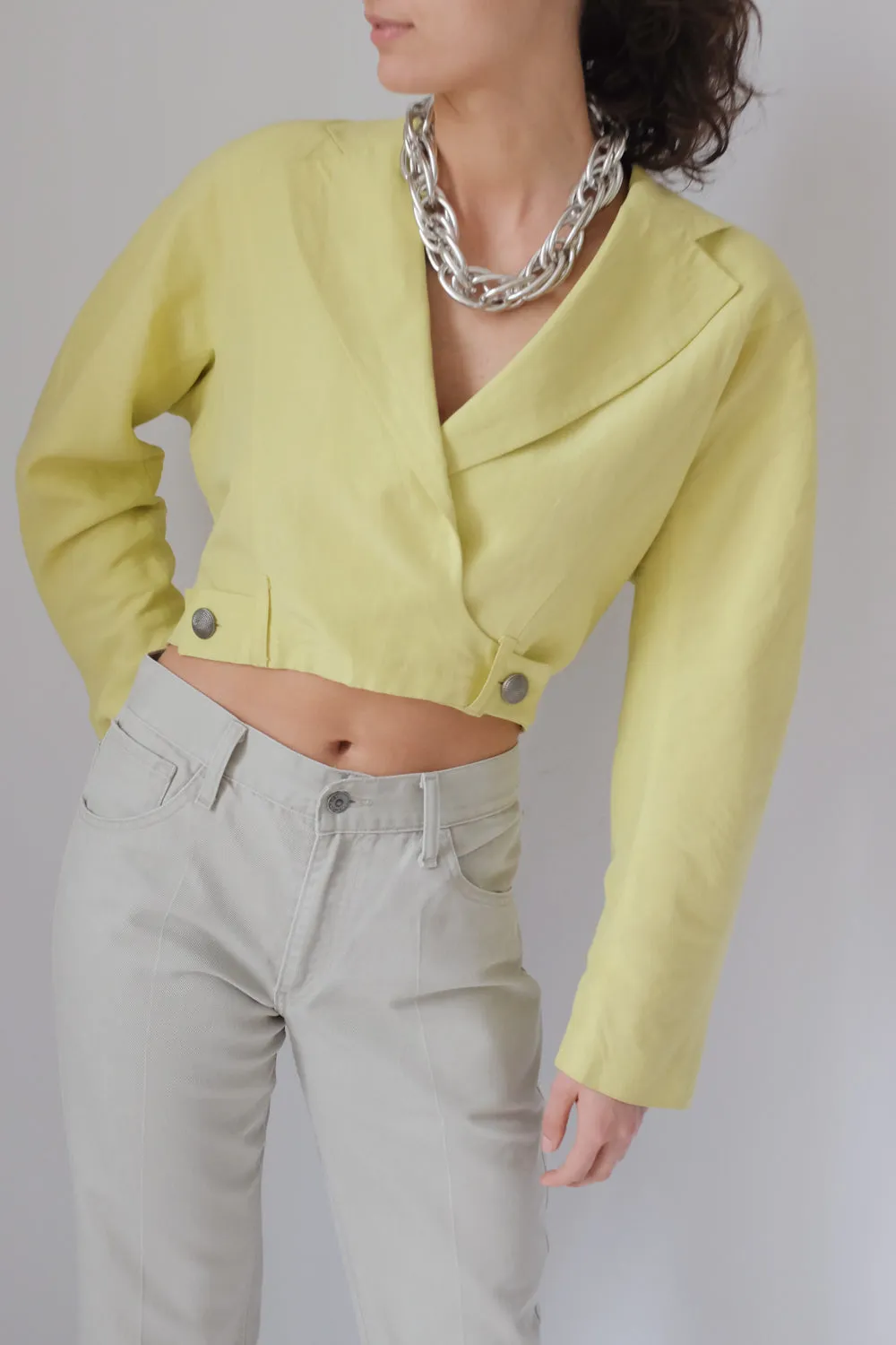 LAUREL VINTAGE 1980 YELLOW CROP LINEN BLAZER