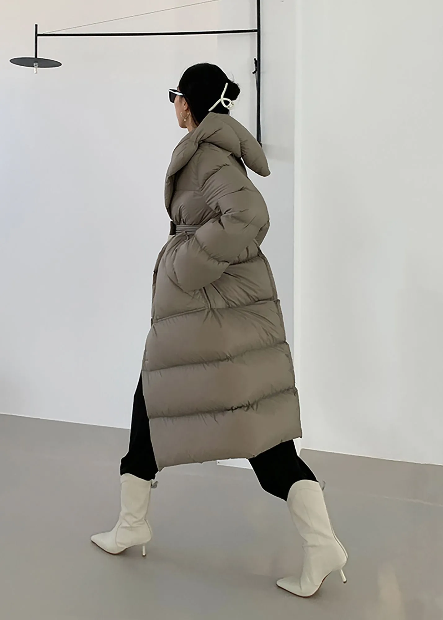 Long Belted Hooded Goose Down Coat