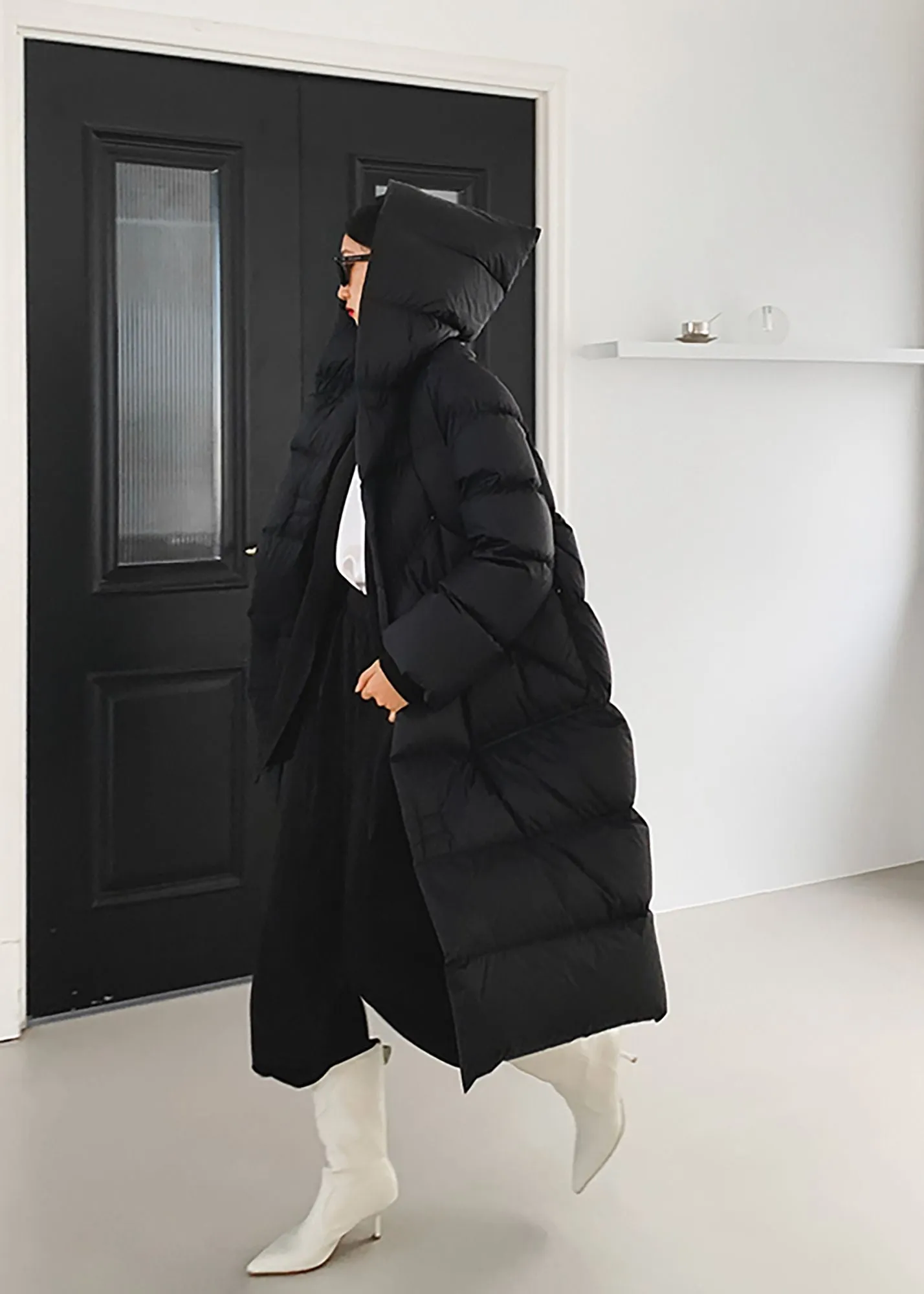 Long Belted Hooded Goose Down Coat