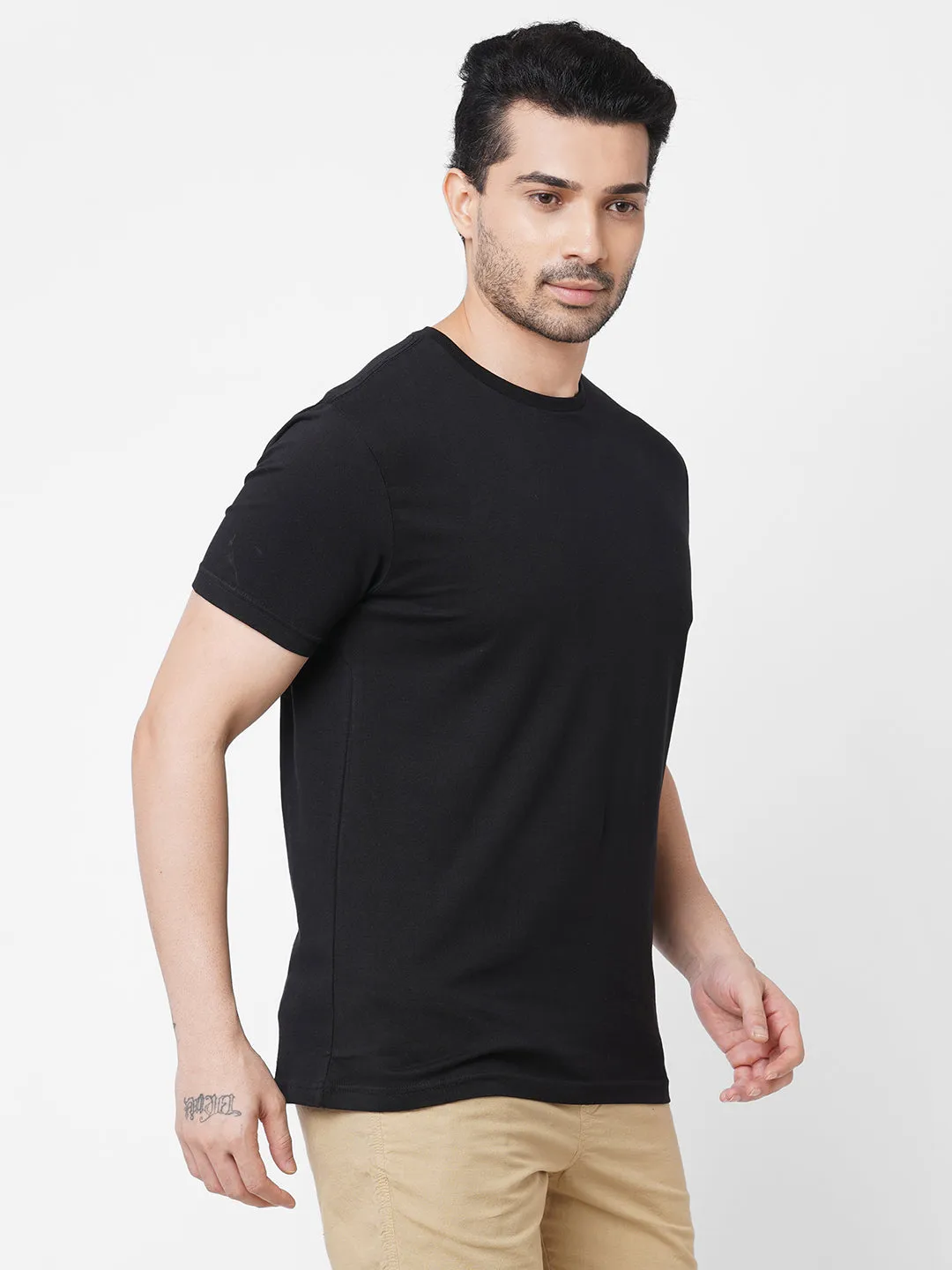 Men's Black 100% Cotton Crew Neck Regular Fit T-Shirt