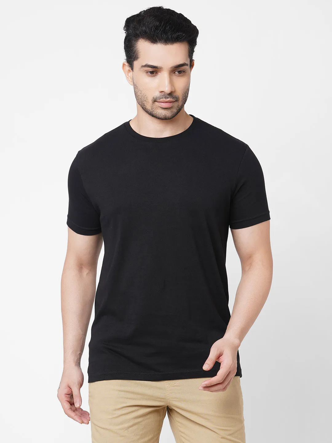 Men's Black 100% Cotton Crew Neck Regular Fit T-Shirt