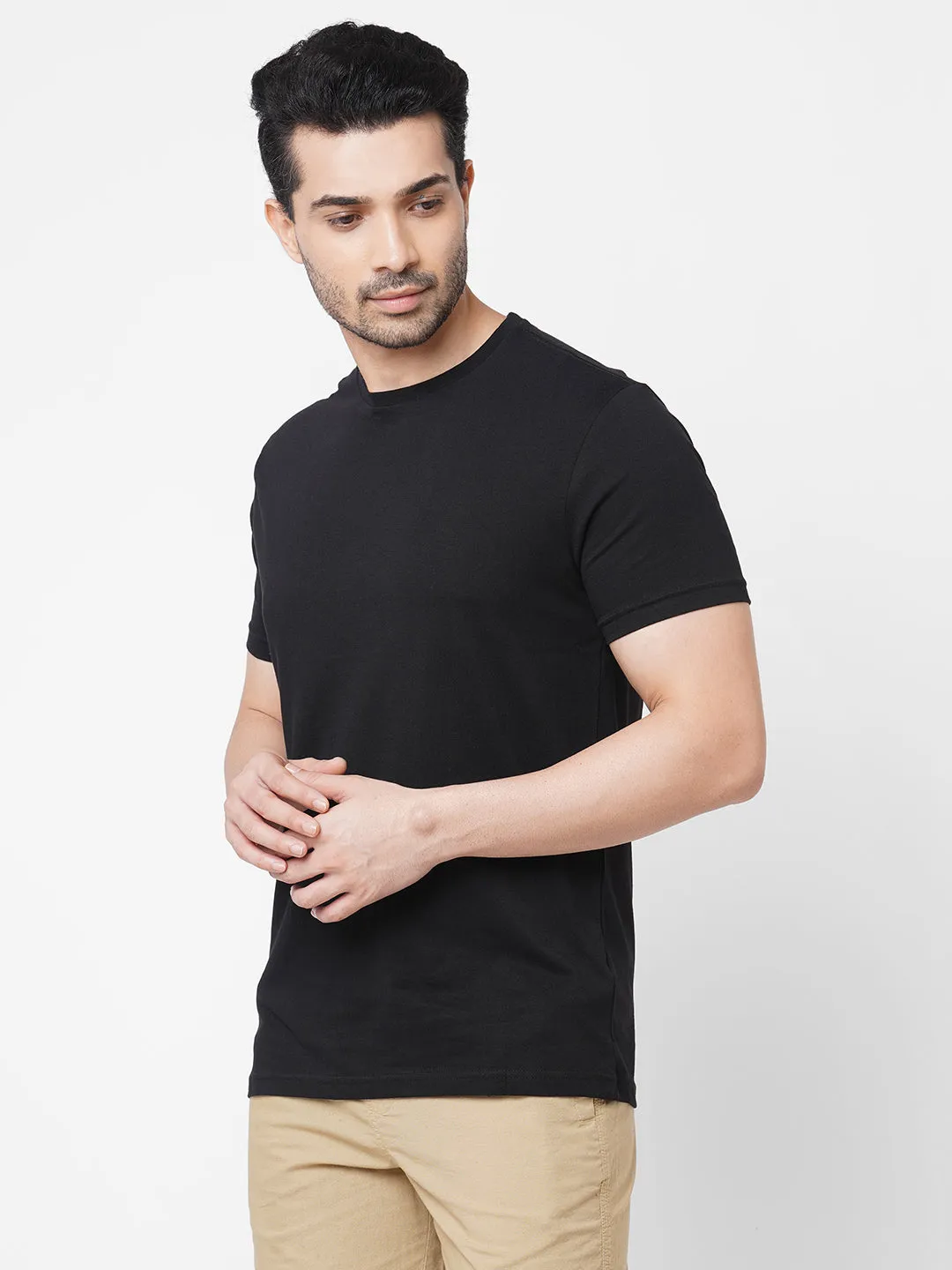 Men's Black 100% Cotton Crew Neck Regular Fit T-Shirt