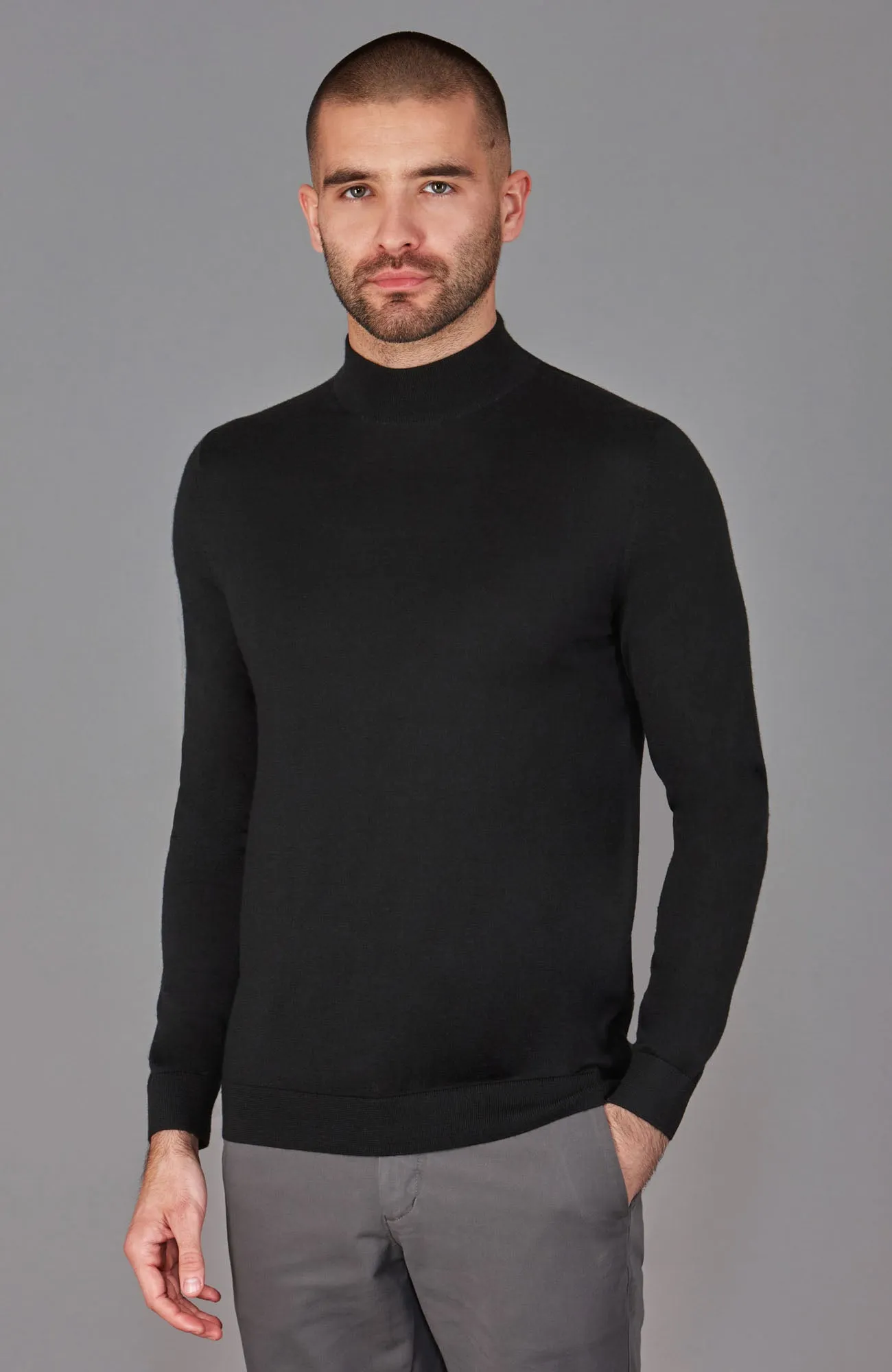 Mens Superfine Merino Silk Mock Turtle Neck Jumper