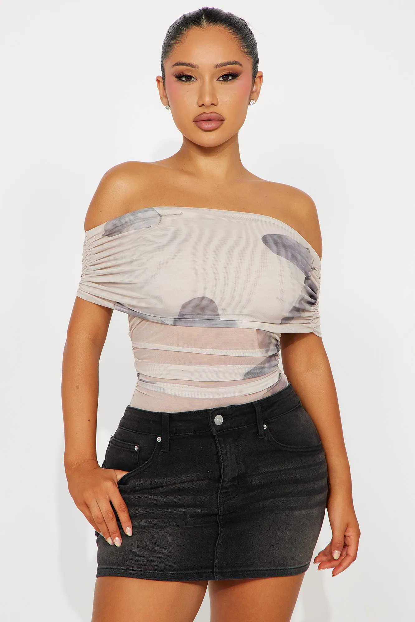 Miana Off Shoulder Mesh Bodysuit - Nude/combo