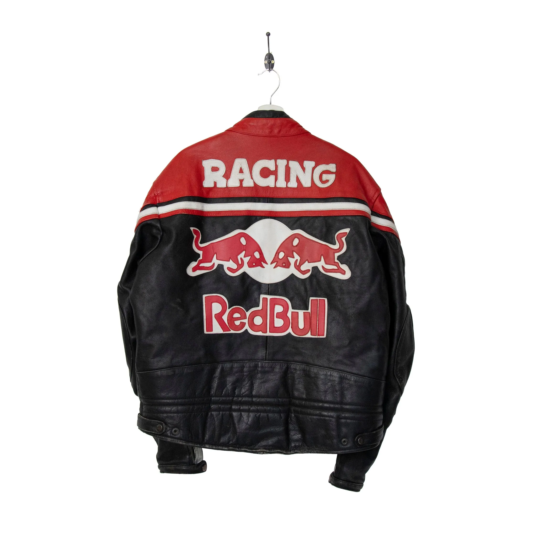 Mens Racing Leather Jacket with Michelin Red Bull Racing Stripe Design