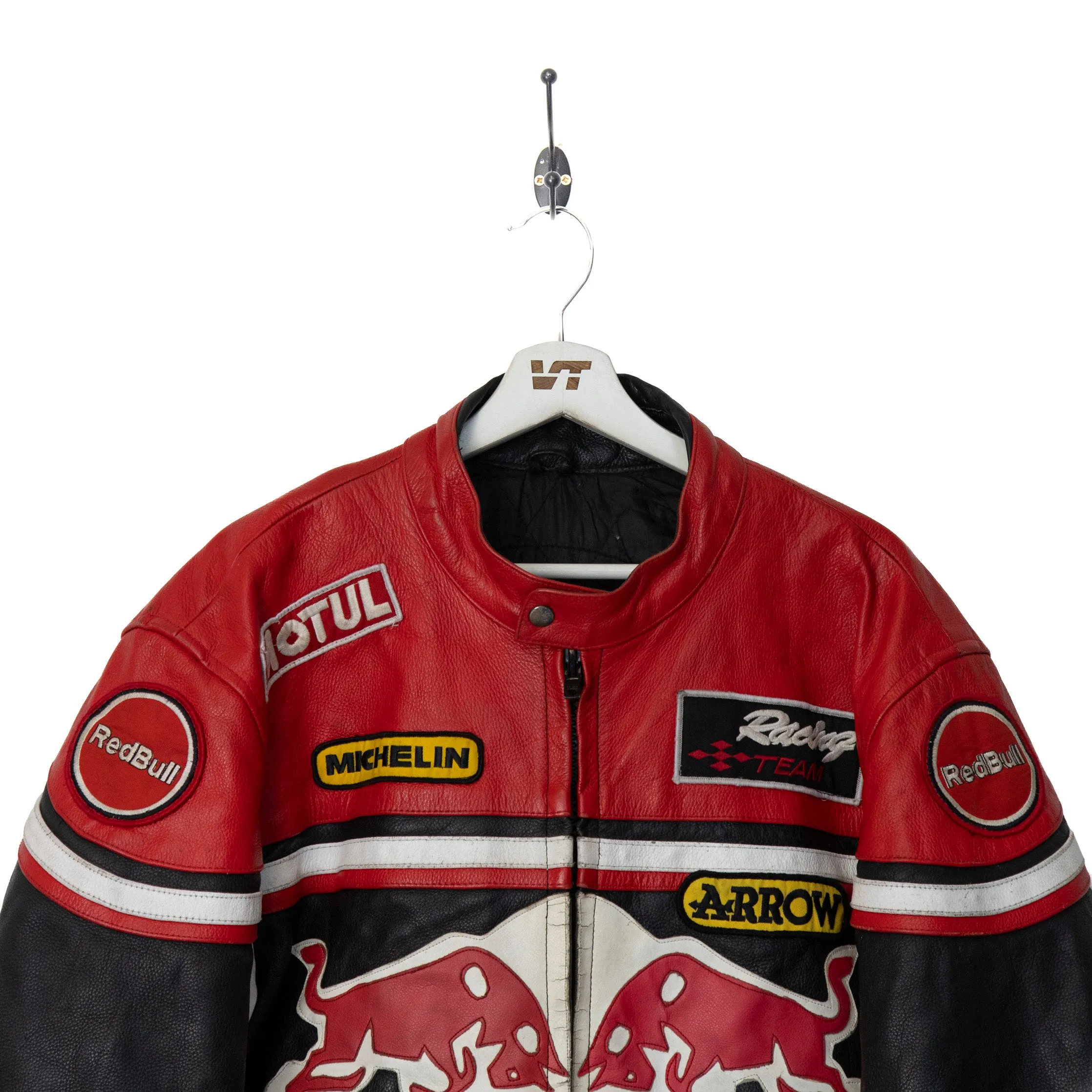 Mens Racing Leather Jacket with Michelin Red Bull Racing Stripe Design