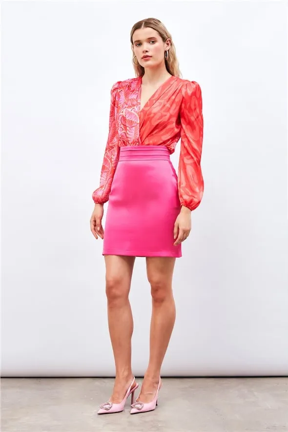 Mini Satin Skirt with Waist Detail - Fuchsia