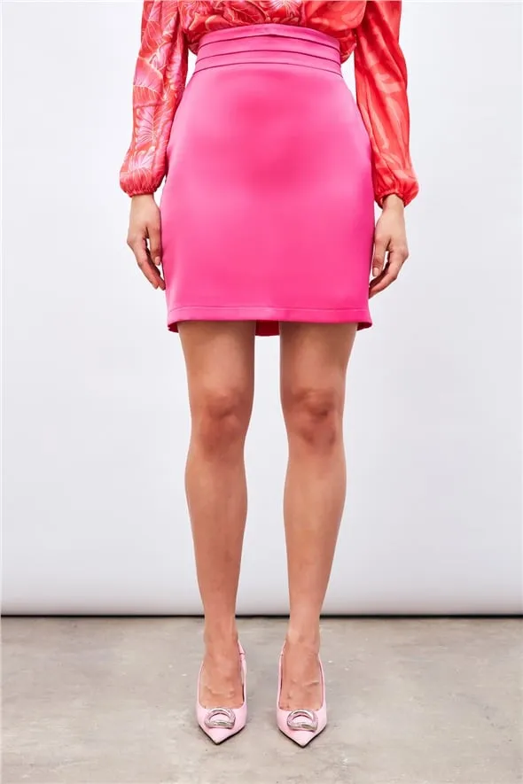 Mini Satin Skirt with Waist Detail - Fuchsia