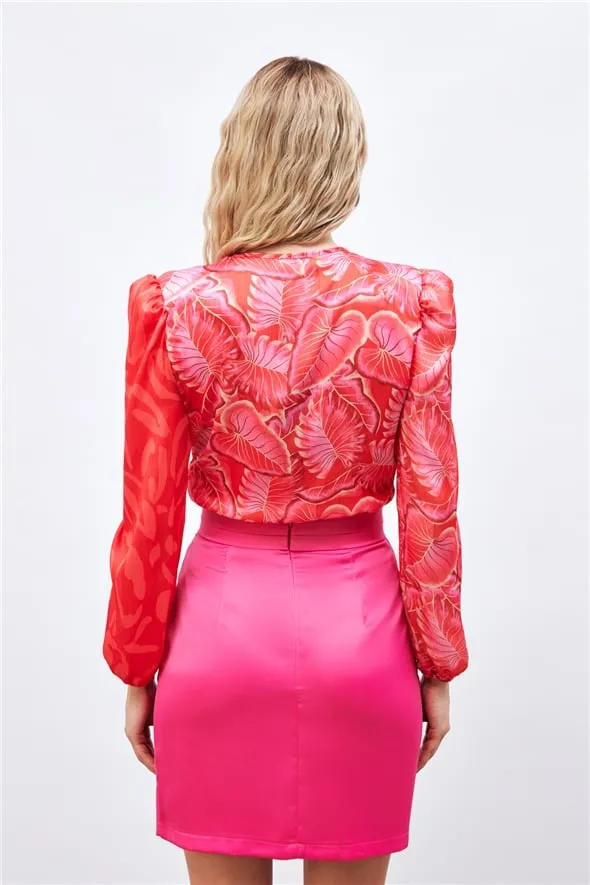 Mini Satin Skirt with Waist Detail - Fuchsia