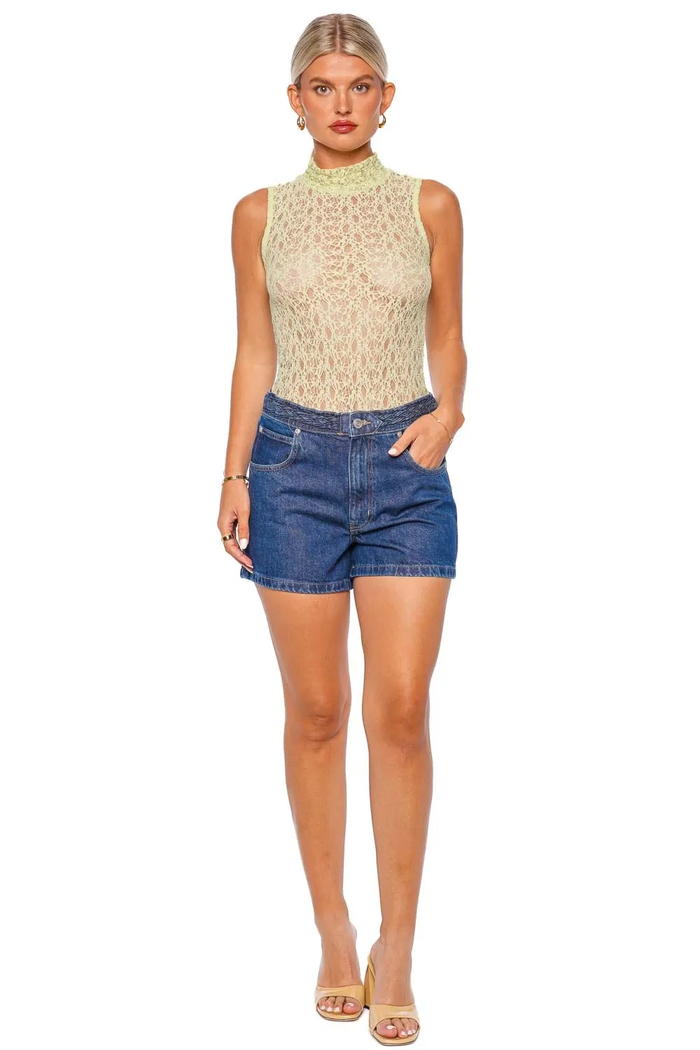 Mint Sleeveless Mesh Mock Neck Top