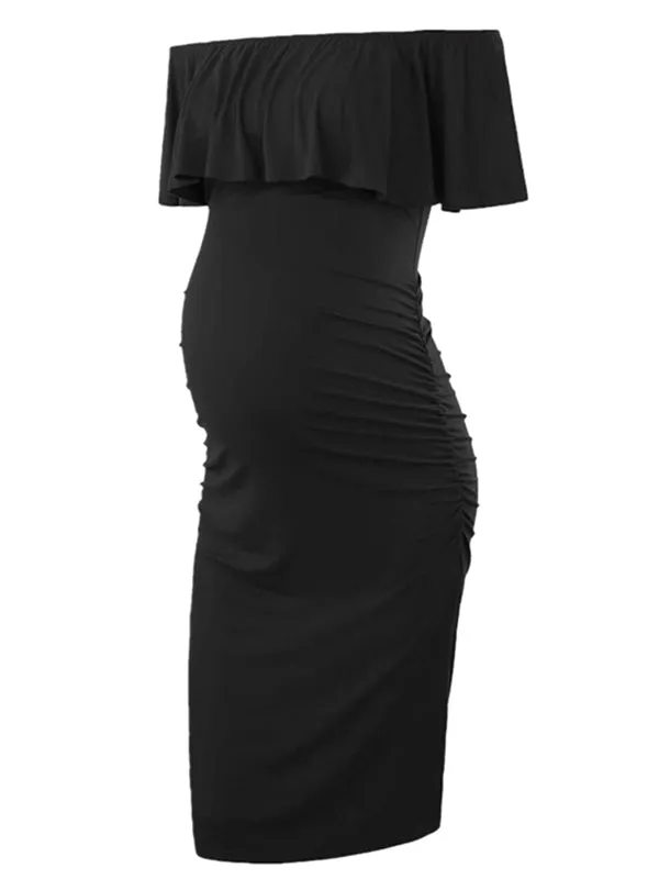 Momnfancy Ruffle Off Shoulder Baby Shower Fitted Maternity Midi Dress