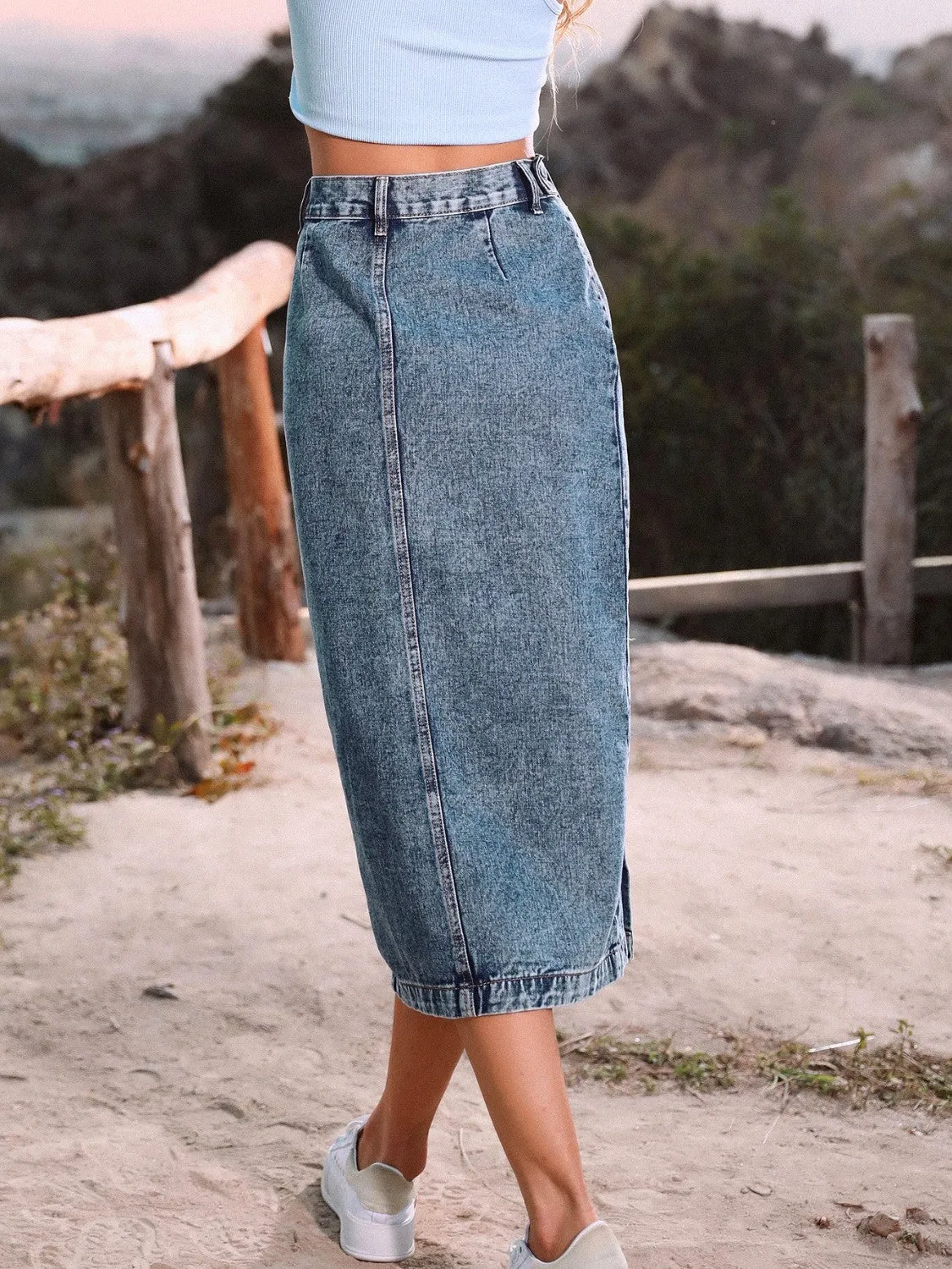 Navy Button Down Denim Skirt