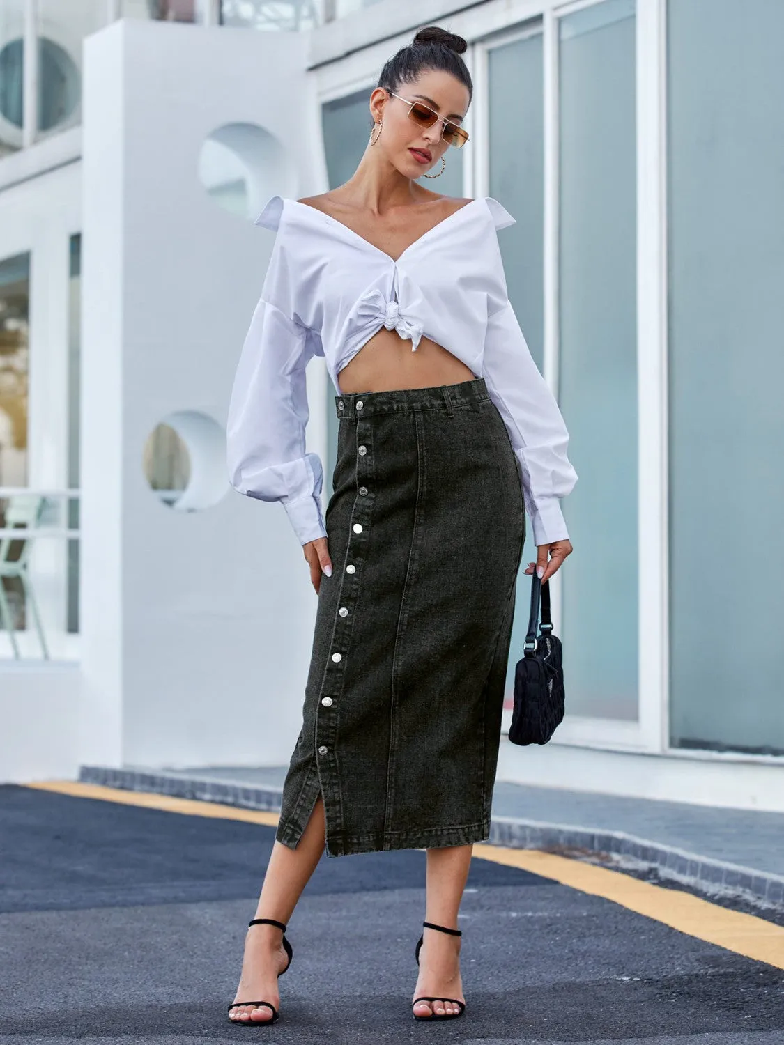 Navy Button Down Denim Skirt