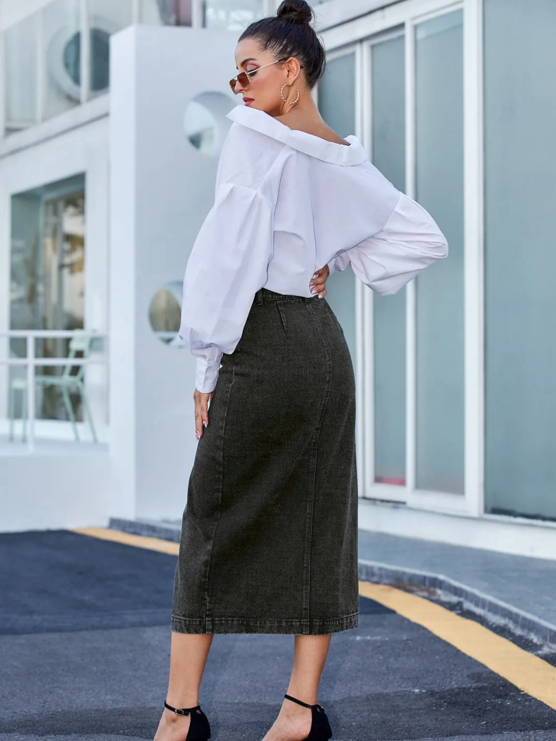 Navy Button Down Denim Skirt