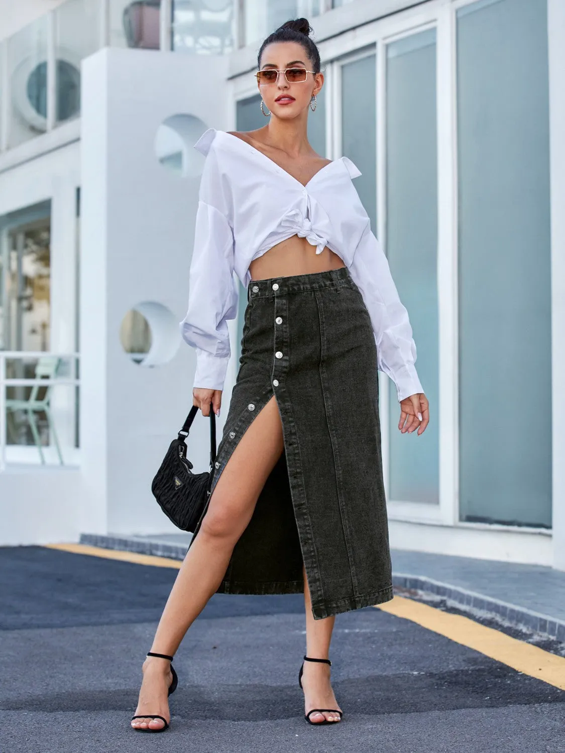 Navy Button Down Denim Skirt