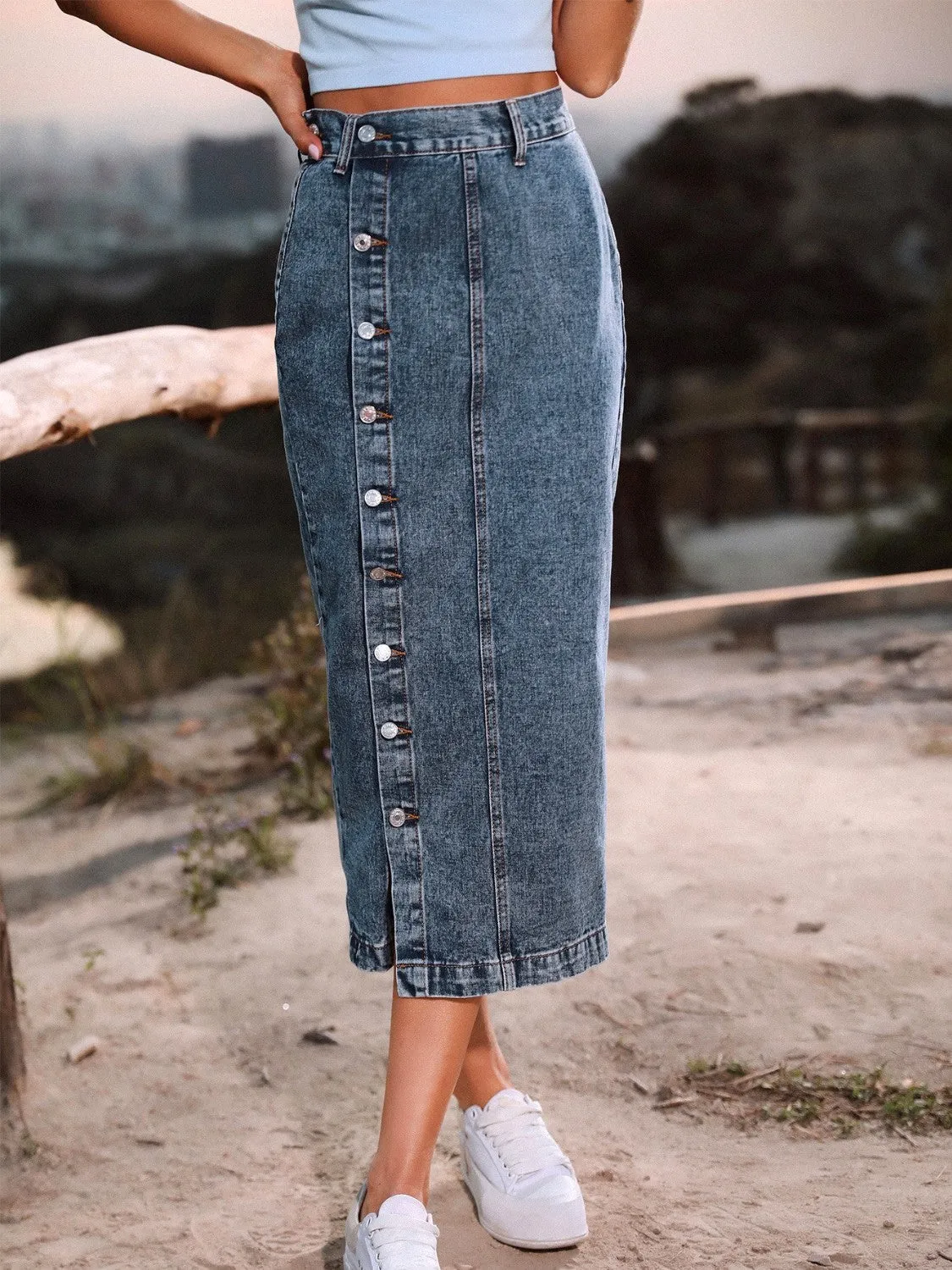 Navy Button Down Denim Skirt