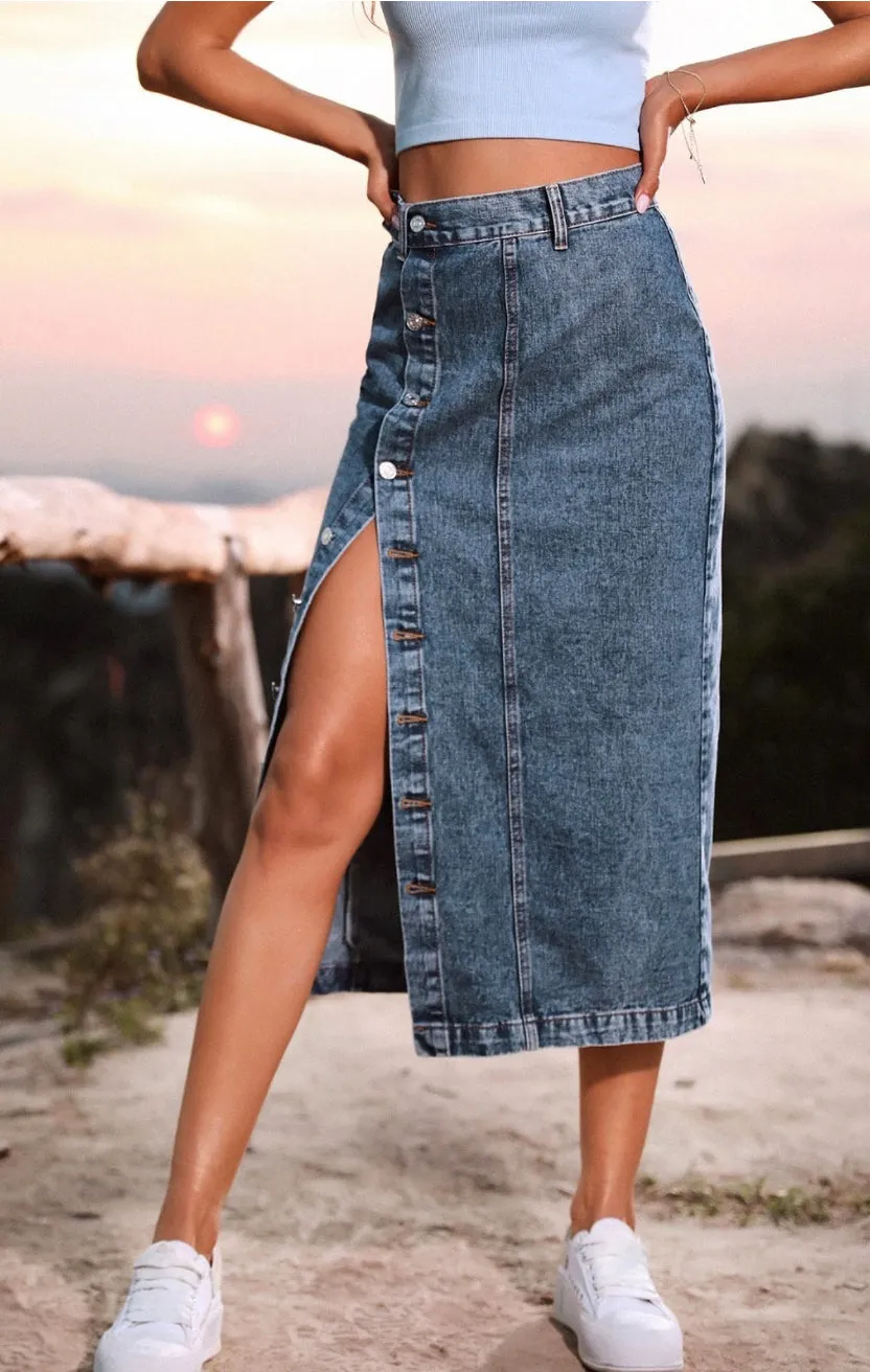 Navy Button Down Denim Skirt