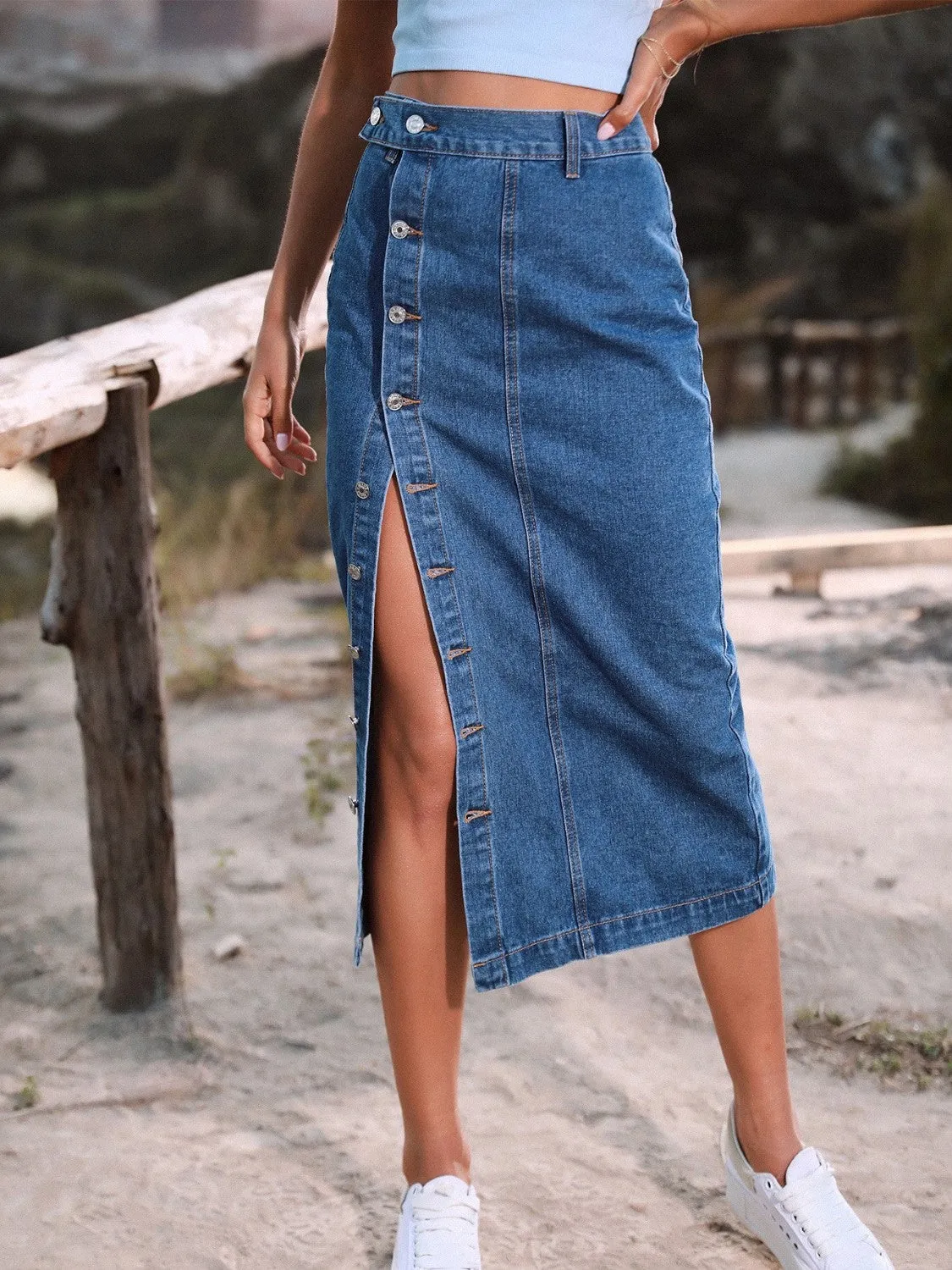 Navy Button Down Denim Skirt