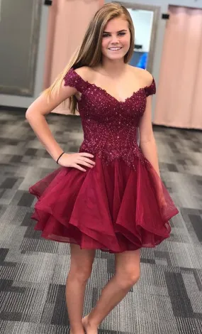 Off Shoulder Burgundy Homecoming Dresses,Short Prom Dresses,Dance Dress BP362