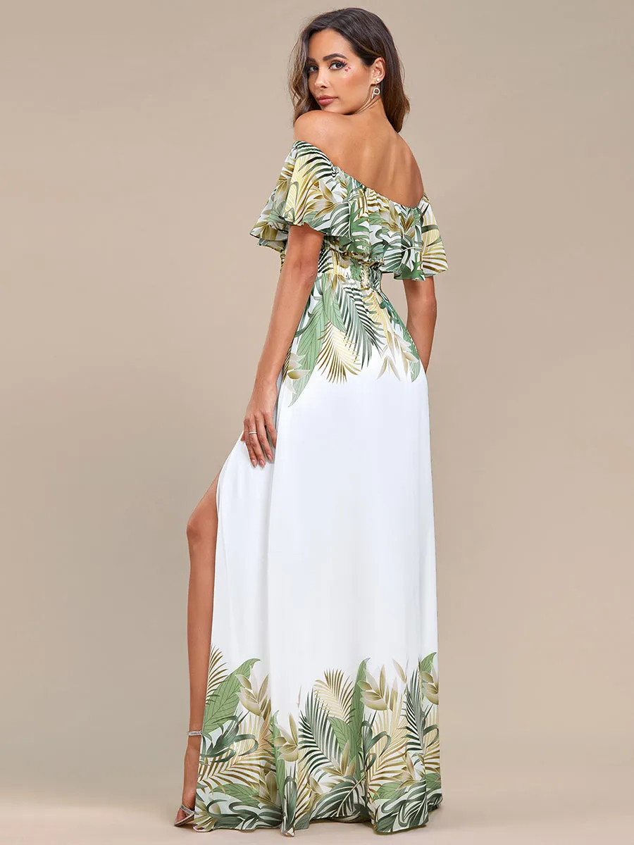 Off Shoulder Split Printed Wholesale Chiffon Evening Dresses