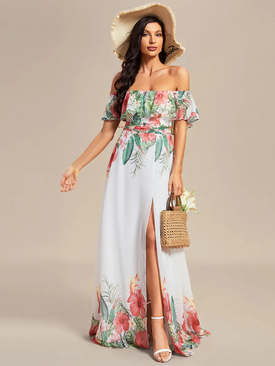 Off Shoulder Split Printed Wholesale Chiffon Evening Dresses