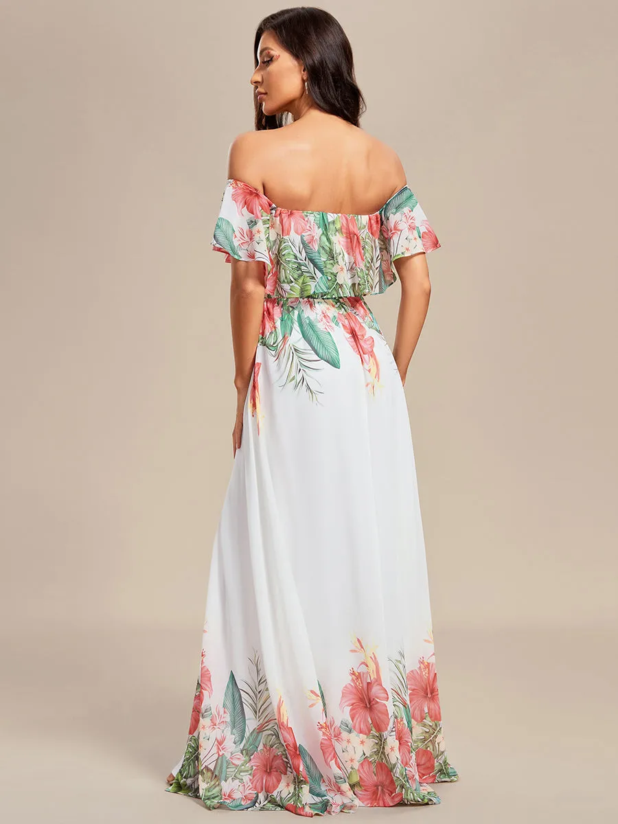 Off Shoulder Split Printed Wholesale Chiffon Evening Dresses