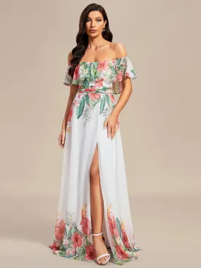 Off Shoulder Split Printed Wholesale Chiffon Evening Dresses