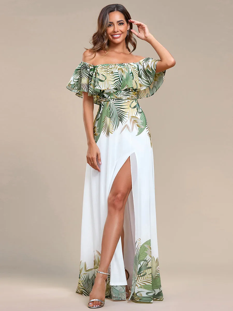 Off Shoulder Split Printed Wholesale Chiffon Evening Dresses