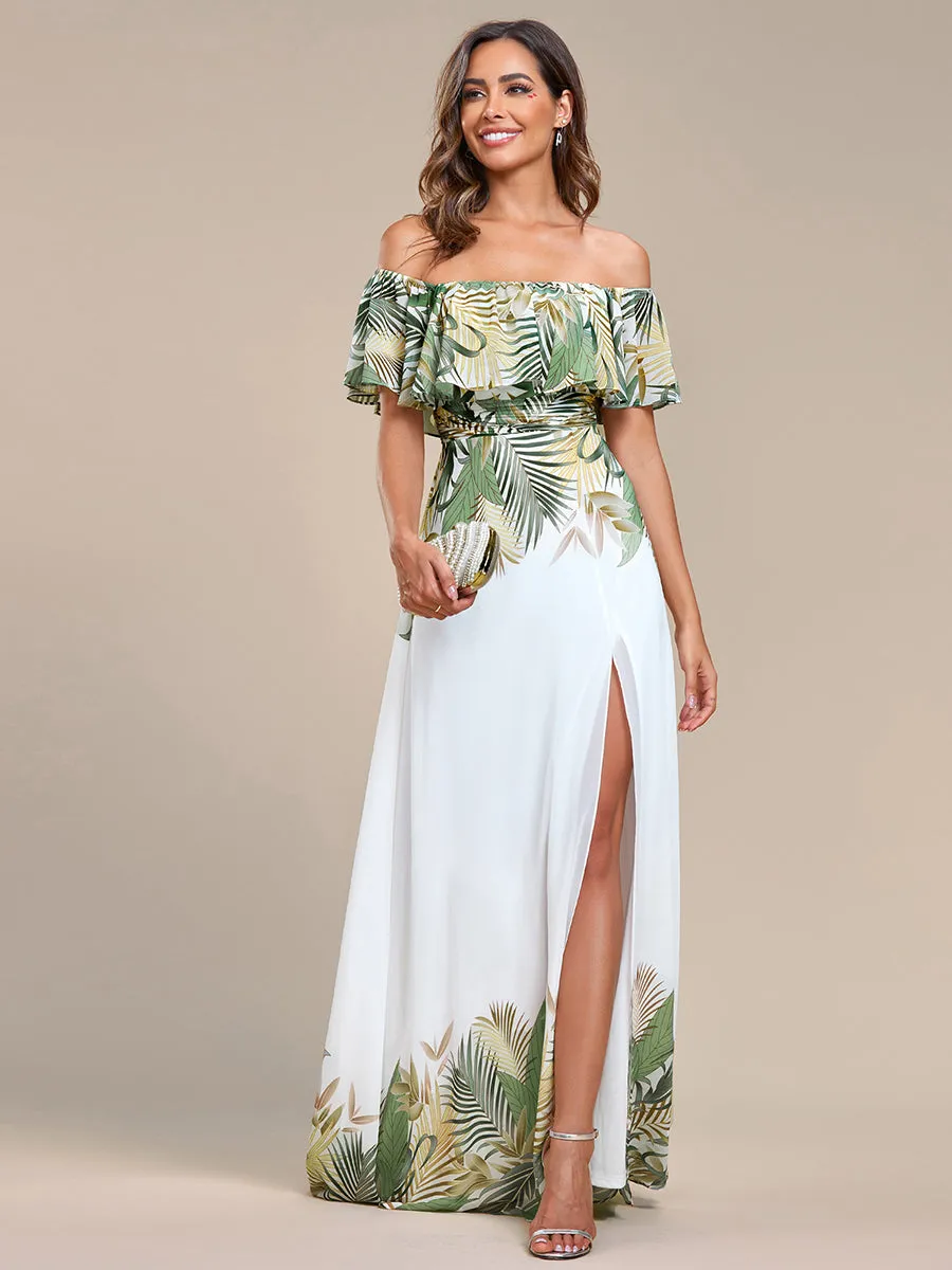 Off Shoulder Split Printed Wholesale Chiffon Evening Dresses