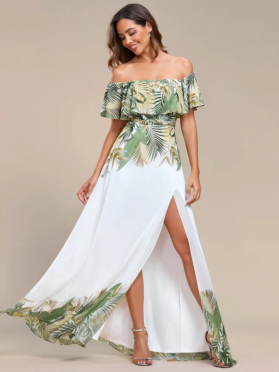 Off Shoulder Split Printed Wholesale Chiffon Evening Dresses