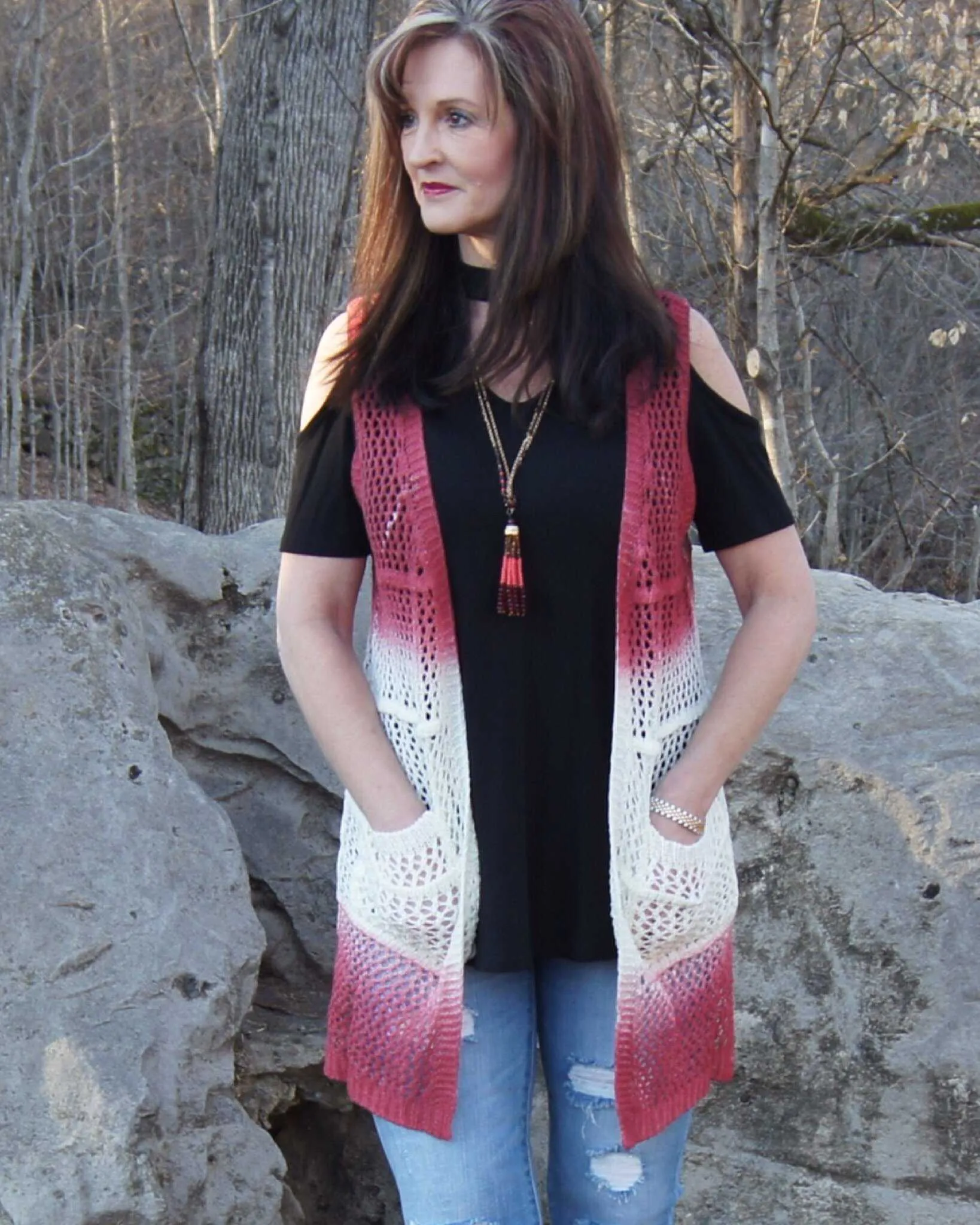 Ombre Open Front Knit Crochet Vest