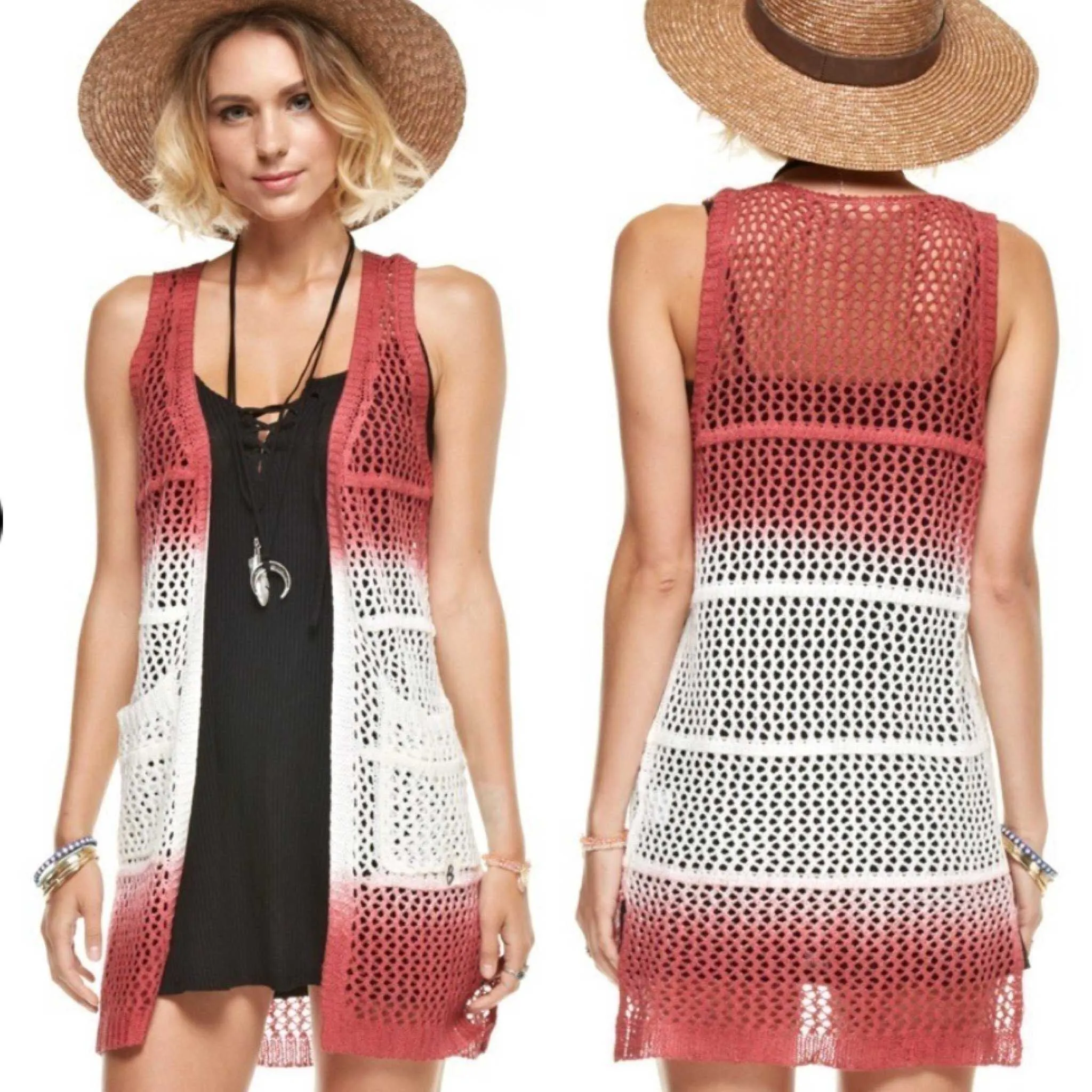 Ombre Open Front Knit Crochet Vest