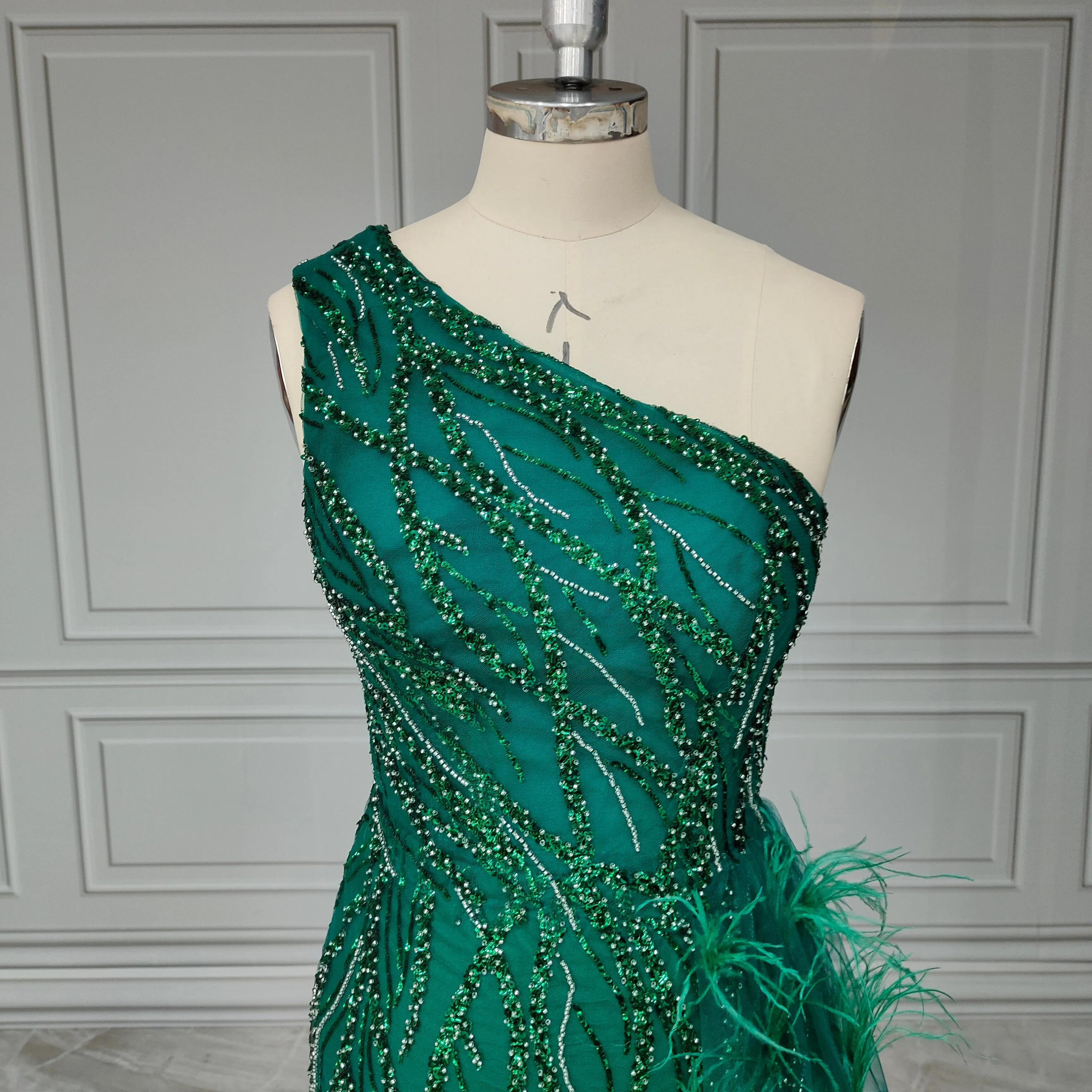 Opulent Feather Beaded Evening Dress