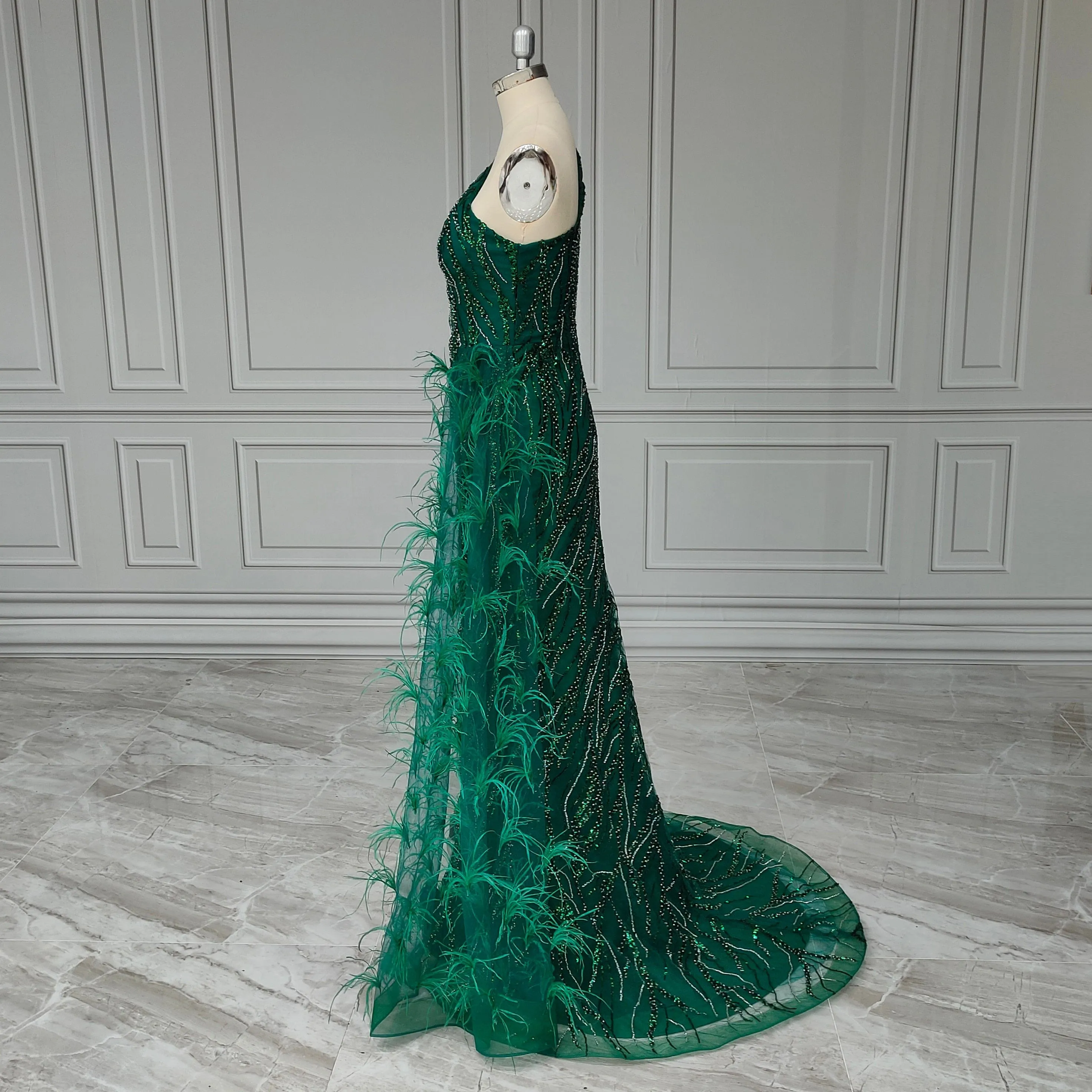 Opulent Feather Beaded Evening Dress