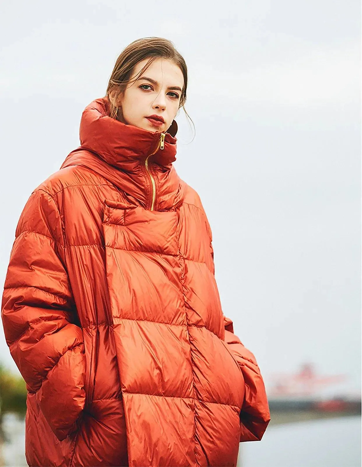 Orange Hooded Goose Down Coat