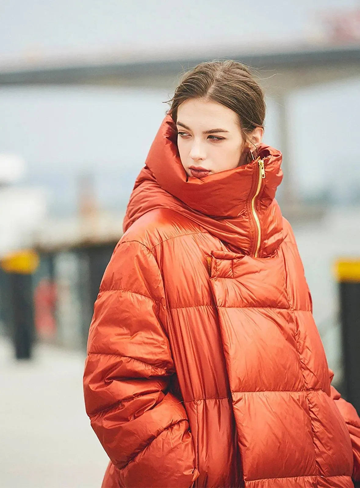 Orange Hooded Goose Down Coat